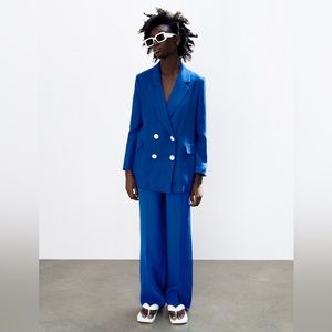 Zara Double-Breasted Blazer and Wide-Leg Suit in Bright Blue